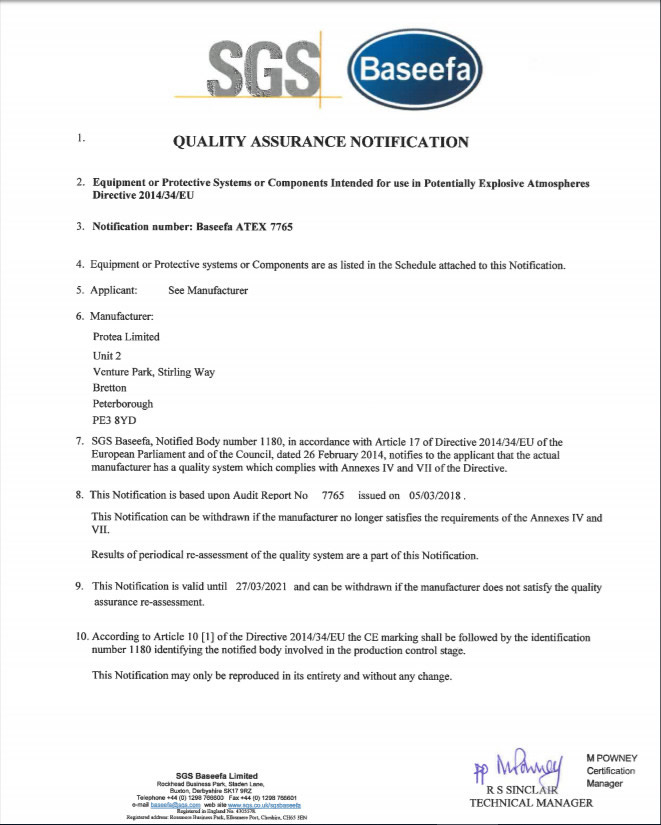 Protea Attain ATEX Quality Assurance Notification